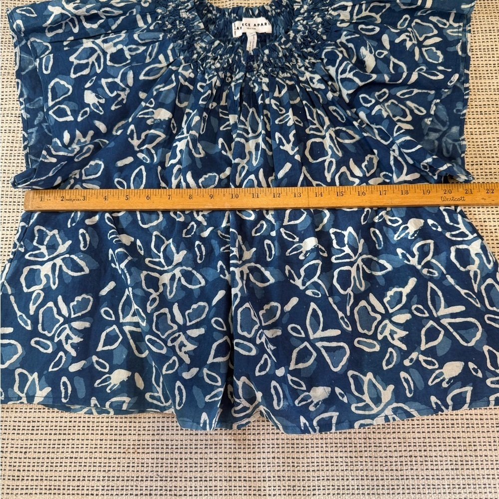 APIECE APART Patricia Flutter Sleeve 100% Organic Cotton Indigo Floral Print Top - Picture 7 of 9